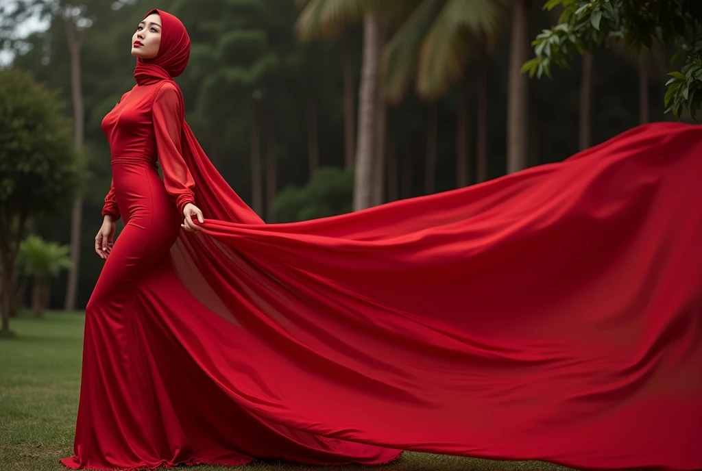 Asian woman in red satin long evening gown, wear modern hijab, mermaid-style, fabric clings tightly, wear sheer outer gown, full-body encapsulation, entirety of fabric about 7 meters in length trailing dramatically, glamours style, overlong satin train, extreme detail on the texture of the satin, highlighting its reflective quality, cinched at the ankle, sexy random pose outdoor, dramatic lighting, ultra realistic, high-resolution photography.