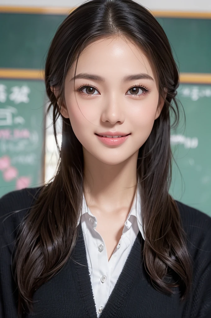 超High resolution、masterpiece、Anatomically correct、Textured skin、Super detailed、Highest quality、High resolution、8k、Bloom、Front light:1.2、Perfect dynamic composition)、(24-years-old、1 person、Great high school teacher、Sexy Face、Long face、Distant eyes、Gentle eyelids、Thin eyebrows、Gentle corners of the eyes、Hawk-like nose、It will totally charm you、Too cute beauty)、((Wearing trendy clothes and skirts))、(Captivating smile:1.2)、(Brown-black hair:1.3、color々Hair style)、((Absolute area、Toned thighs))、((Teaching in front of the blackboard in a school classroom))、(Shooting from directly below:1、.4)、(Looking into the camera:1.5))、Smiling with a nice smile