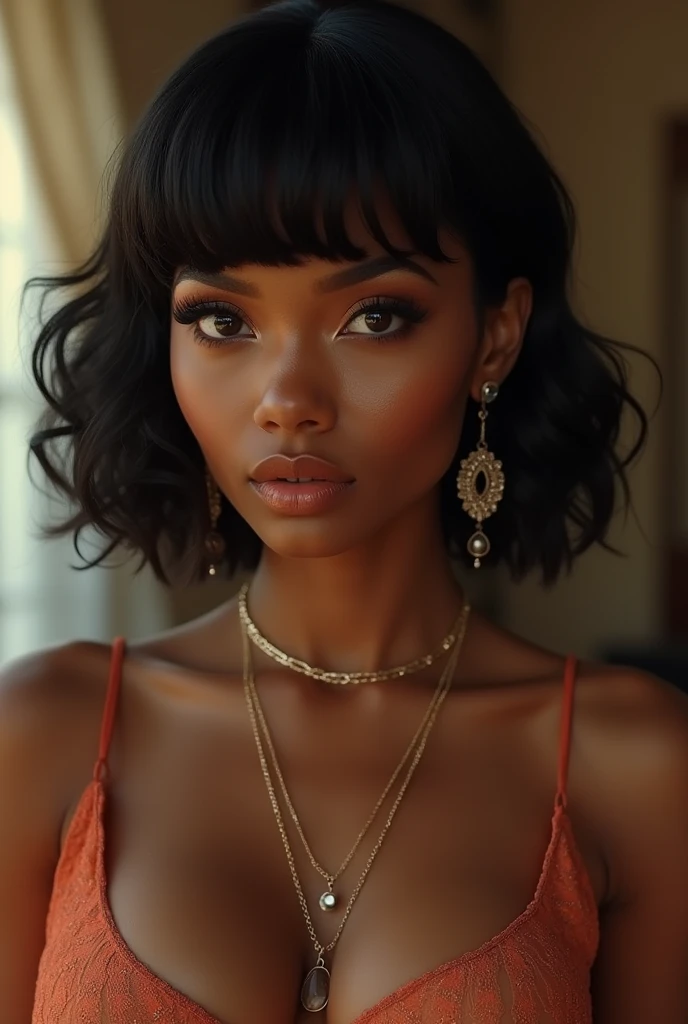 realistic,(best quality, masterpiece),(ultra detailed),(high detail RAW color photo) of a beautiful elegant ((mega breasted)) mulatto woman,(wavy bob-cut hair),(necklace and earrings),(open clothes with ((deep neckline))),(detailed cute face and neon glowing eyes),(full glossy lips,the mouth slightly open),(looking at camera),(frontal centered symmetrical composition),(perfect professional lighting),8K,HDR,UHD Professional photography,