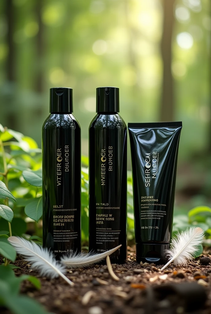 Setting: A serene, natural forest with lush greenery, feathers, and tree leaves.
Products: Three tubular bottles (shampoo, shower gel, conditioner) with shiny black color and silver/golden text.
Details: The bottles should have a cap the same size as the bottle and reflect natural, body-friendly, moisturizing, and nourishing qualities.