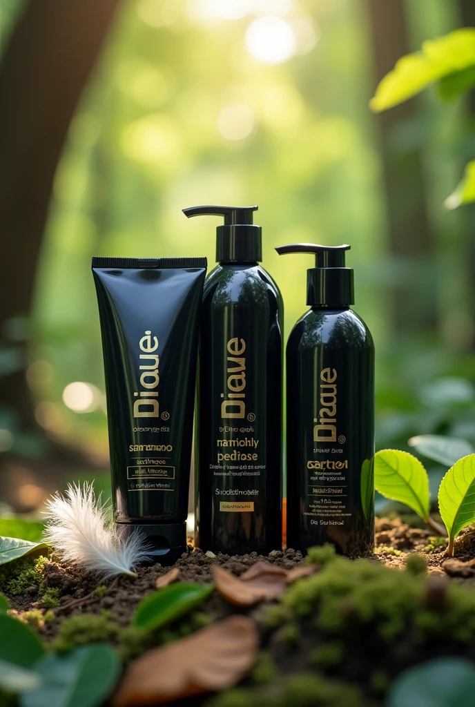 Setting: A serene, natural forest with lush greenery, feathers, and tree leaves.
Products: Three tubular bottles (shampoo, shower gel, conditioner) with shiny black color and silver/golden text.
Details: The bottles should have a cap the same size as the bottle and reflect natural, body-friendly, moisturizing, and nourishing qualities.