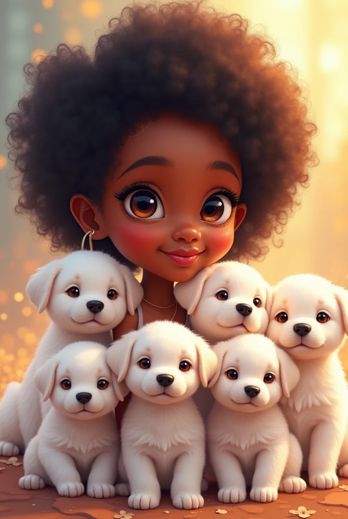 Drawing vector style ,a cute teenage african girl, 6 adorable white puppies, beautiful detailed eyes, beautiful detailed lips, extremely detailed eyes and face, long eyelashes, cute and adorable expression, beautiful young girl, soft lighting, warm color tones, (best quality,4k,8k,highres,masterpiece:1.2),ultra-detailed,(realistic,photorealistic,photo-realistic:1.37),colorful, vibrant, adorable, cute, Cubs highly detailed, intricate, whimsical, magical, fantasy, soft focus, dreamy, warm lighting, oil painting