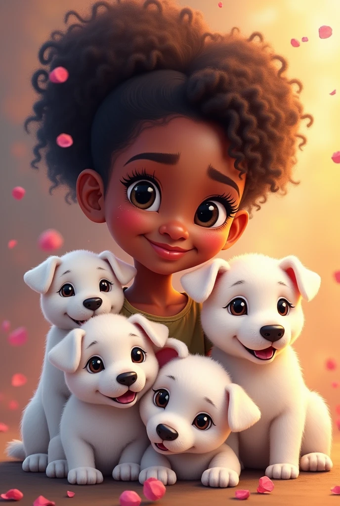 Drawing vector style ,a cute teenage african girl, 6 adorable white puppies, beautiful detailed eyes, beautiful detailed lips, extremely detailed eyes and face, long eyelashes, cute and adorable expression, beautiful young girl, soft lighting, warm color tones, (best quality,4k,8k,highres,masterpiece:1.2),ultra-detailed,(realistic,photorealistic,photo-realistic:1.37),colorful, vibrant, adorable, cute, Cubs highly detailed, intricate, whimsical, magical, fantasy, soft focus, dreamy, warm lighting, oil painting