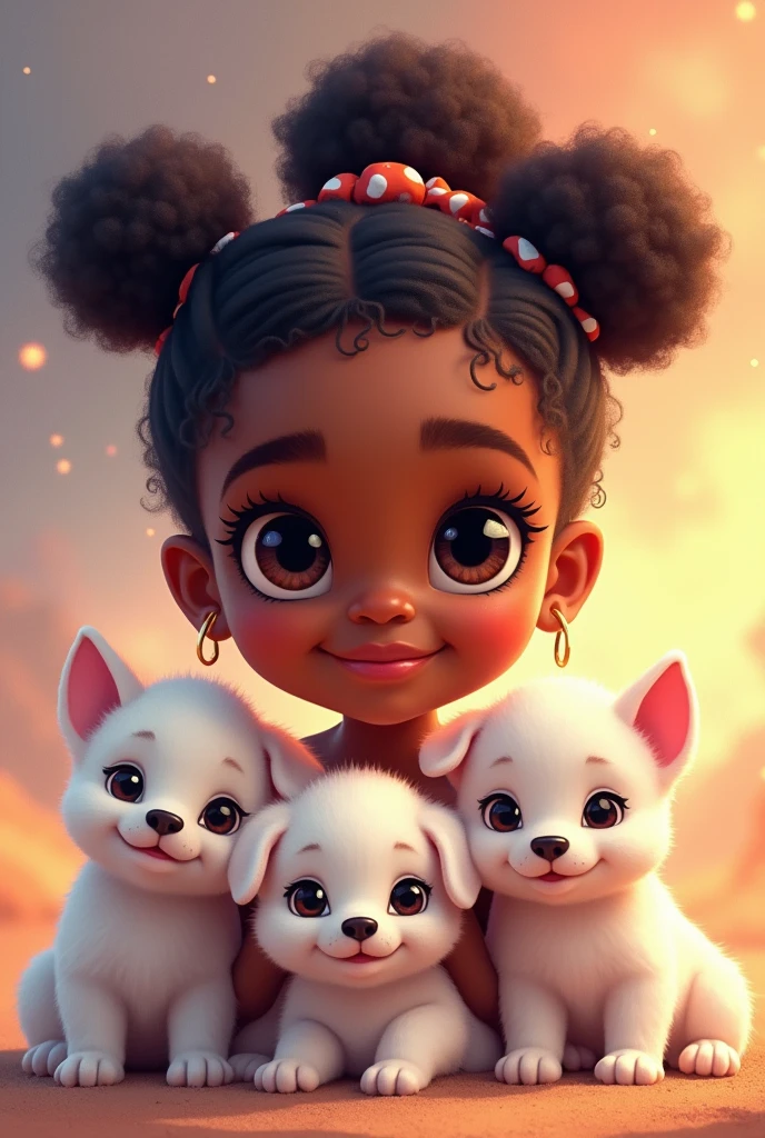 Drawing vector style ,a cute teenage african girl, 6 adorable white puppies, beautiful detailed eyes, beautiful detailed lips, extremely detailed eyes and face, long eyelashes, cute and adorable expression, beautiful young girl, soft lighting, warm color tones, (best quality,4k,8k,highres,masterpiece:1.2),ultra-detailed,(realistic,photorealistic,photo-realistic:1.37),colorful, vibrant, adorable, cute, Cubs highly detailed, intricate, whimsical, magical, fantasy, soft focus, dreamy, warm lighting, oil painting