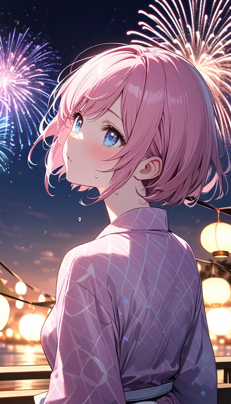 (1 girl),(Best Picture Quality, 8K, Masterpiece:1.3), (high school student:1.5), ((pink lob hair:1.1)), (bob cut),(swept bangs), (cute eyes, pupil black, iris skyblue, youthful face), (mole under right eye), (standard weight), (small ), (glistening skin:1.3),(pale skin:1.2),(sweaty skin:1.2),BREAK ((pink yukata,heart pattern)),(looking up at the sky),(back shot), (strong wind), night, summer festival, fireworks, pulled composition,(magnificent view:1.3).
