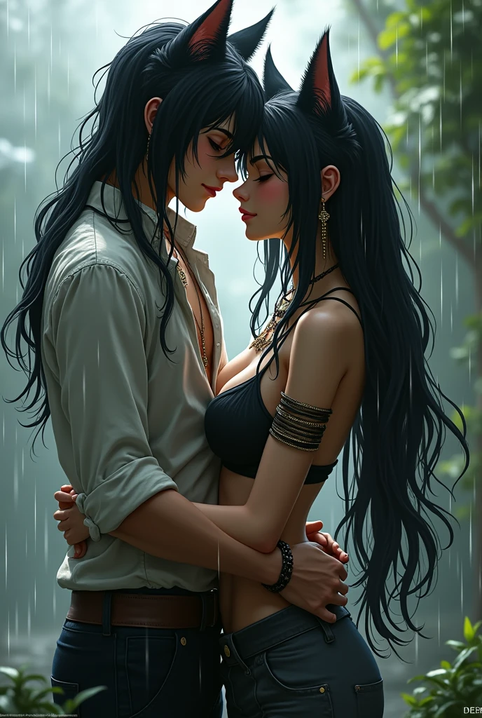 a cat man and a cat women posing with rain, 1girl, long hair, shirt, black hair, 1boy, navel, jewelry, closed eyes, hetero, midriff, belt, pants, necklace, bracelet, hug, couple, denim, t-shirt, rain, jeans, realistic