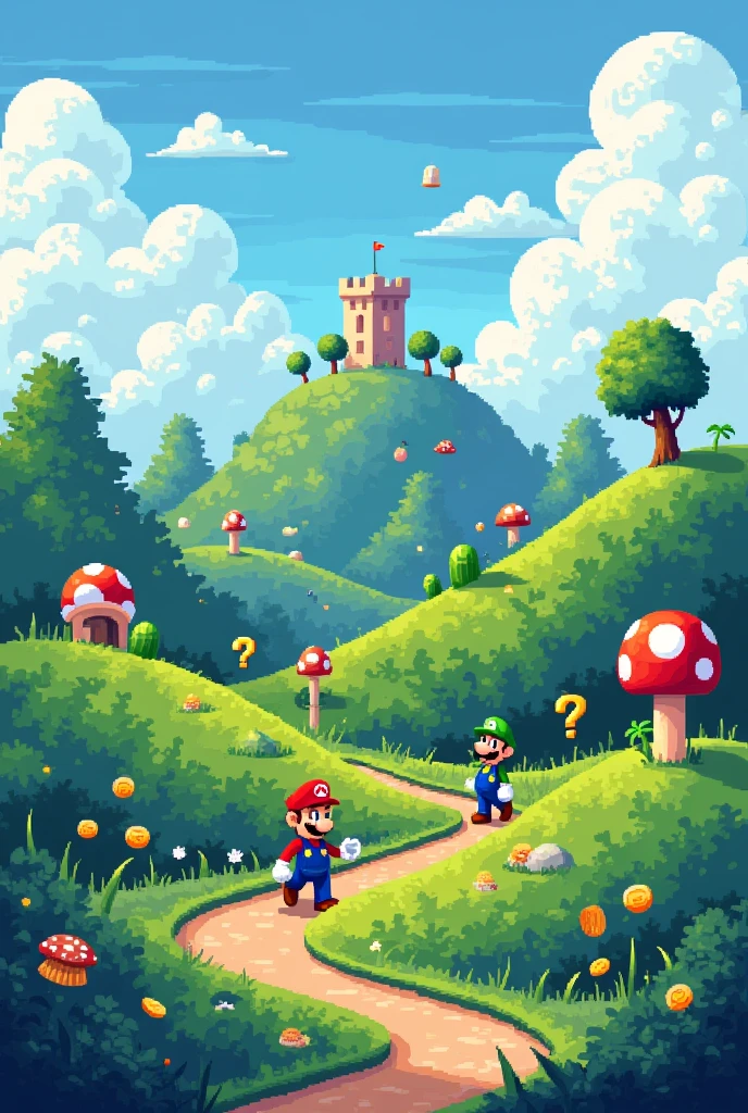 Draw a pixel art and mario bros style landscape