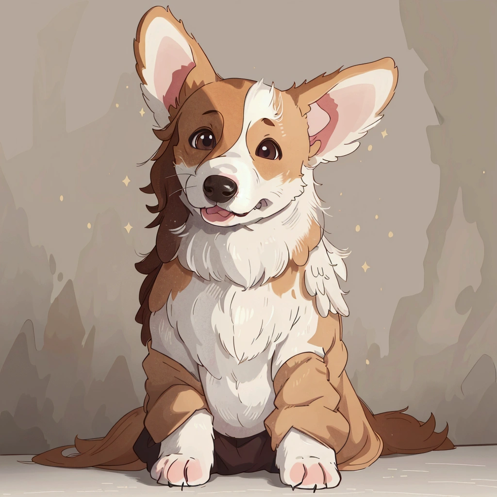 (best quality:0.8) perfect anime illustration, there is a small dog sitting on a table with a white background, cute corgi, corgi with [ angelic wings ]!!, corgi, breed corgi and doodle mix, large ears, cute dog, big ears, fluffy ears, dog ears, with pointy ears, cute ears, slightly - pointed ears, corgi cosmonaut, pointy ears, ear floof