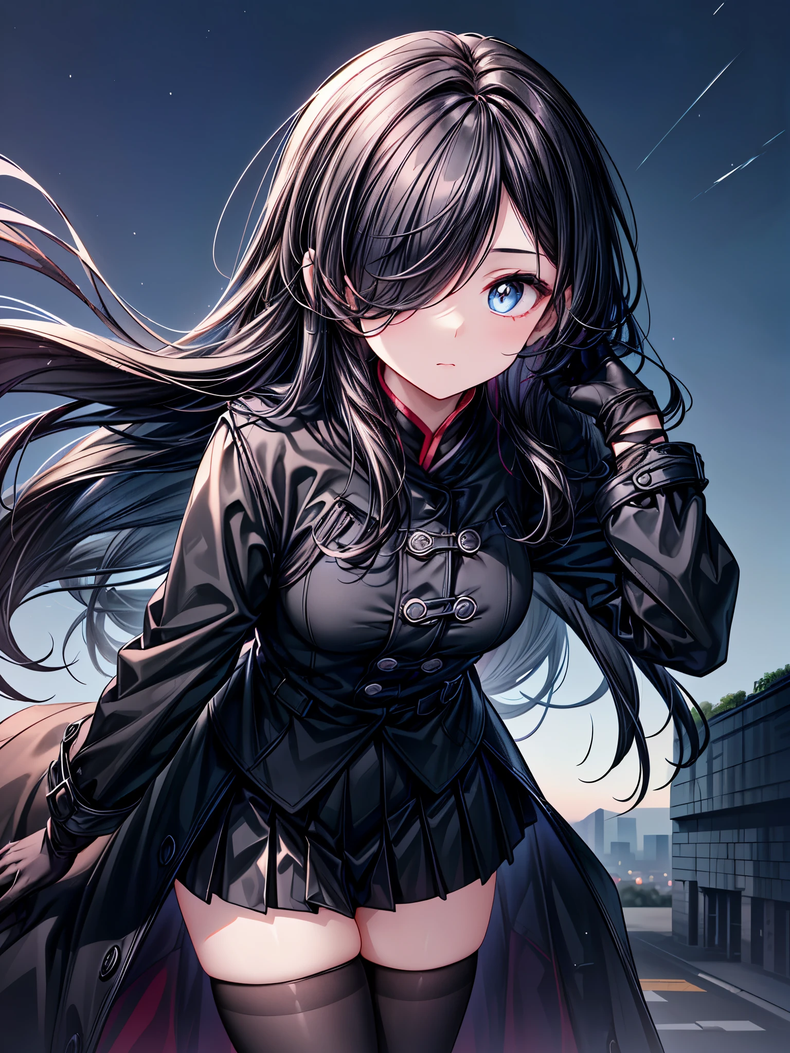 ((Oriental Project)),((masterpiece)),((leaning forward)),((Highest quality)),((Fascinating)),((alone)),((Deep blue pupils)),((Looking up at the night view from the top of the hill)),((Beautiful Blue Eyes)),((Wearing a black coat)),((Wearing a black mini skirt,She is wearing black tights under her skirt)),((Slim body)),((length, Shiny black hair)),((Her left eye is completely hidden by her bangs)),((Her hair is parted, and you can see her eyes through it)),((Wearing black gloves)),((hair over one eye,long hair)),((Ruthless)),((Complex background)),((Hair blowing in the wind))