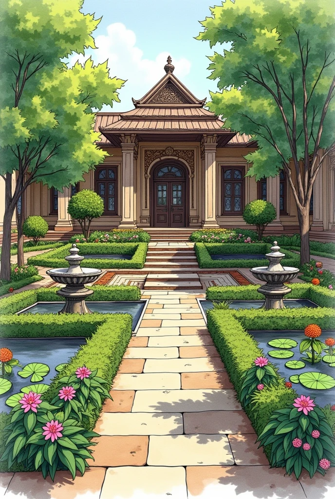 Provide me the 1000 square feet of hindu garden in  image  skeched image hand drawing in sheet  for make a drawing of my assignment with marked components of plants and others