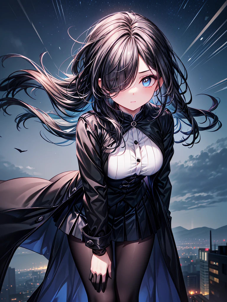 ((Oriental Project)),((masterpiece)),((leaning forward)),((Highest quality)),((Fascinating)),((alone)),((Deep blue pupils)),((Looking up at the night view from the top of the hill)),((Beautiful Blue Eyes)),((Wearing a black coat)),((Wearing a black mini skirt,She is wearing black tights under her skirt)),((Slim body)),((length, Shiny black hair)),((Her left eye is completely hidden by her bangs)),((Her hair is parted, and you can see her eyes through it)),((Wearing black gloves)),((hair over one eye,long hair)),((Ruthless)),((Complex background)),((Hair blowing in the wind))