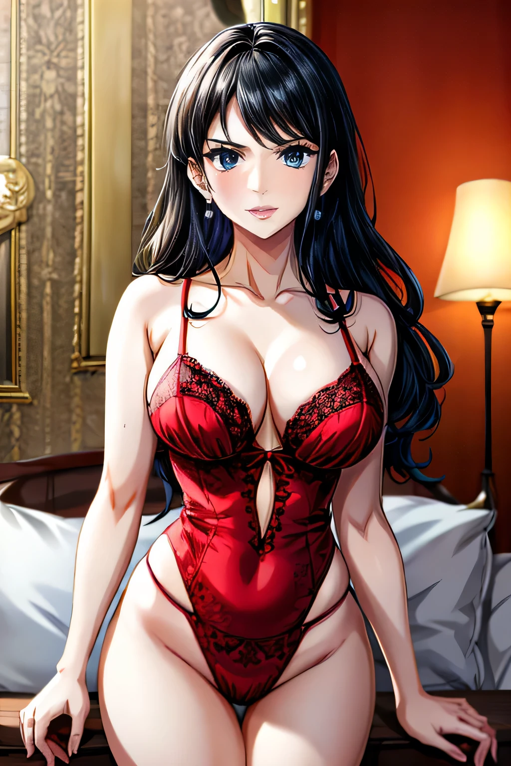An enchanting woman with mesmerizing blue eyes, prominent eyebrows, a naturally beautiful makeup look, a sharply defined nose, luscious lips, and long, sleek black hair styled in waves, complemented by dangling earrings. Her figure is perfect, boasting medium-sized shapely breasts, accentuated by her seductive choice of thin, red lingerie that leaves little to the imagination. Posed in an aesthetic manner, captured in exquisite HDR 8K resolution, she emanates an aura of sophistication and allure that is truly captivating.