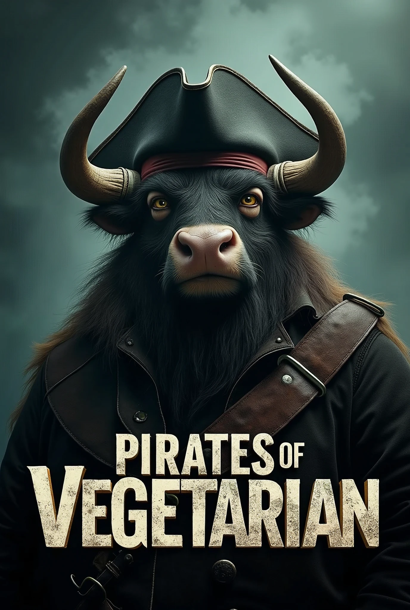 Create a cinematic poster featuring photorealistic portrait of Dressed animals - a ((fat)) musk ox pirate, , wearing pirate costume and pirate hat , with a serious, intense expression, He should be slightly off-center in the composition, The background should be dark and gritty, pirate's ship with smoky or grunge textures, Use a color scheme of black, deep blues, and dark greens, with subtle silver or gold accents to capture the show's mood, At the bottom of the poster, place the text "PIRATES OF VEGETARIAN" in large, bold, distressed letters, in a sans-serif font. The text should have a cinematic style, with slight shadow or glow effects to make it stand out against the background.