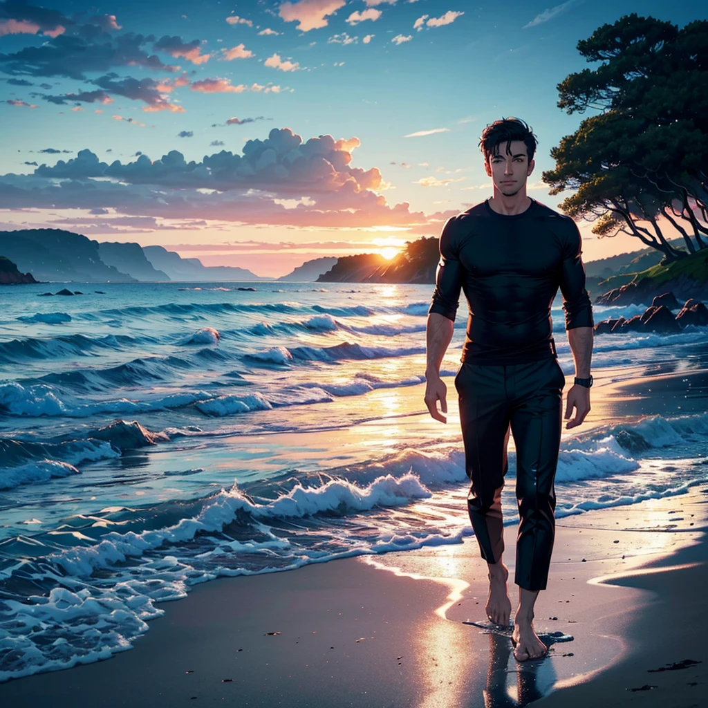 A handsome man in a tight shirt, walking on a wet beach shore at a distance, set against a vibrant beautiful sky. The sky and clouds are reflected on the wet shore. The man is centered with the focus on the expansive and fantastical landscape, reminiscent of a cinematic scene. Background is rich with scenic landscape and trees.