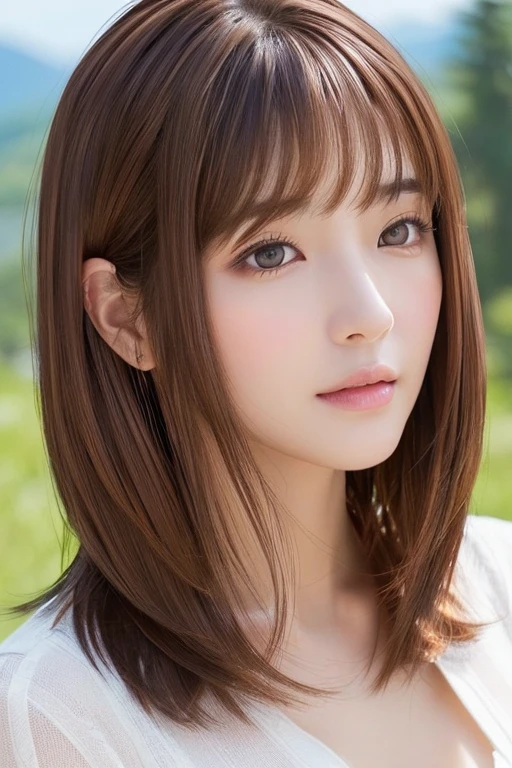 High-quality, ultra-realistic portraits。(She has a long face、It has a long vertical profile)。((The eyes are round at the corners、The corners of the eyes are long and narrow.、The nose is high and well-defined.、The tip is rounded。The lips are sharp both above and below.、The mountain has a clear shape))。The skin is transparent、Has a healthy glow。((Medium Hair、Brown Hair:1.6))。Makeup is natural、Thinly applied to enhance the skin's natural beauty。The lighting is soft and natural.、Accentuating facial features、Does not emphasize shadows。The background is simple and has a blurred gradient.、Focus on the face。