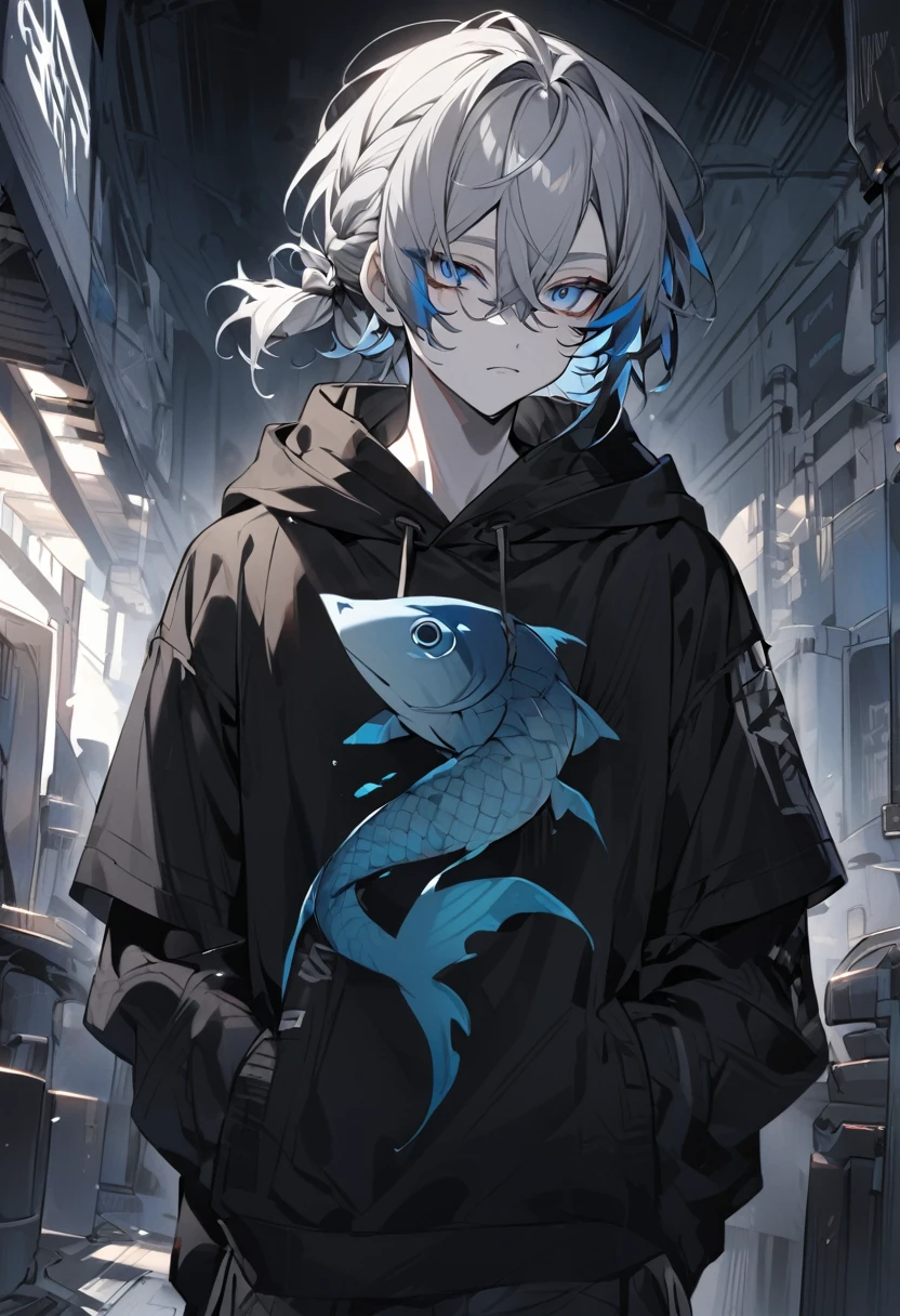 Man with shoulder-length, a part of white-gray hair tied in fish tail braid, blue tired eyes, pale skin, wearing a black hoodie