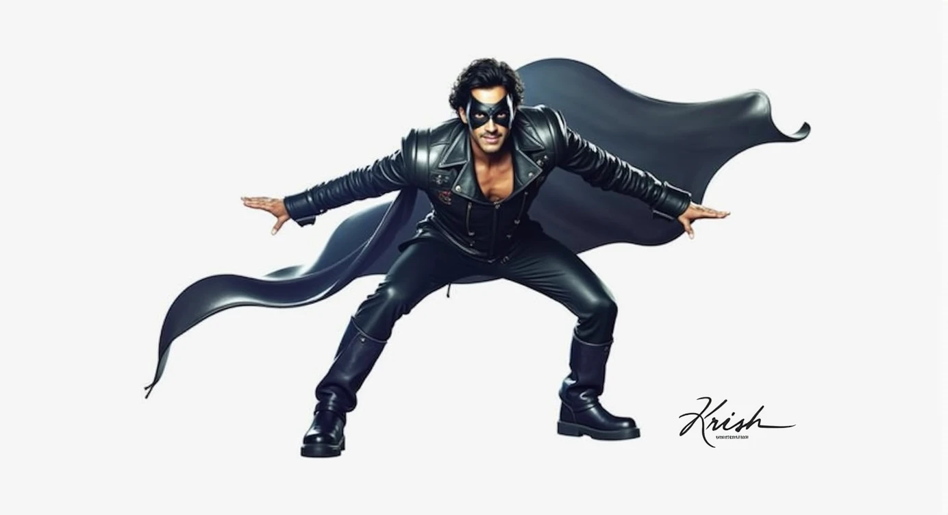 Krrish, the Indian superhero, is captured in a powerful superhero landing pose on a rooftop at night. He has one knee and one fist touching the ground, his head slightly bowed, with his long black coat billowing behind him. His black, form-fitting costume is sleek and modern, with sharp, angular lines, and his signature black mask covers his eyes, giving him a mysterious appearance. The image focuses on the details of his costume—the leather-like texture, metallic accents, and the way his coat flows in the wind. The background is dark, with city lights in the distance, but the focus remains on Krrish and his striking costume, illuminated by a soft, dramatic light