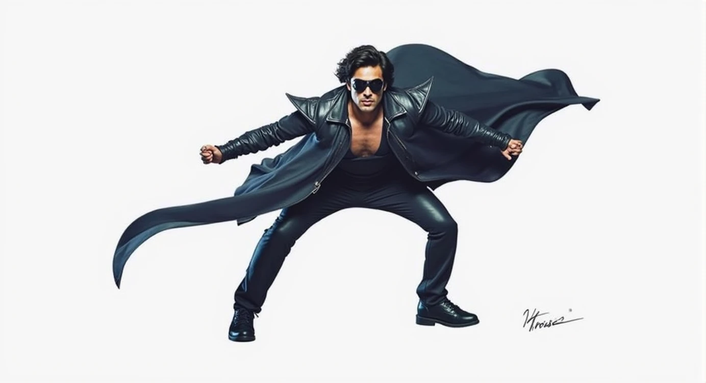 Krrish, the Indian superhero, is captured in a powerful superhero landing pose on a rooftop at night. He has one knee and one fist touching the ground, his head slightly bowed, with his long black coat billowing behind him. His black, form-fitting costume is sleek and modern, with sharp, angular lines, and his signature black mask covers his eyes, giving him a mysterious appearance. The image focuses on the details of his costume—the leather-like texture, metallic accents, and the way his coat flows in the wind. The background is dark, with city lights in the distance, but the focus remains on Krrish and his striking costume, illuminated by a soft, dramatic light