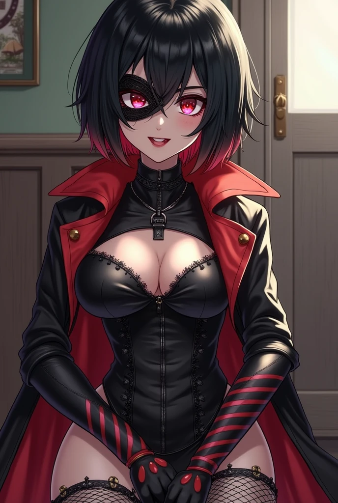 cute Black Hair Shortcuts front Small breasts Gal SM Queen(leather boots Enamel gloves Fishnet tights mask) Sweat Embarrassed Wicked Smile、((Grin)) sexy 超Small breasts Slender