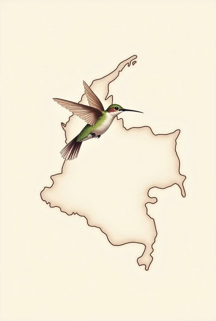 A small map of Colombia with a simplified and elegant style that this map is formed with a hummingbird that in turn is the shape of the map that is joined into one, that it be outlined like a drawing