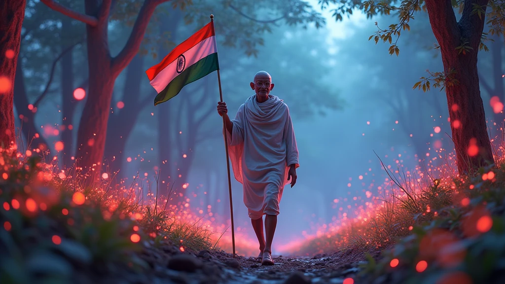 Our India's great leader Mahatma Gandhi ji is walking in a forest and has the flag of India in  to one side of frame, lucid , looking off in distance ::8 style | daydreampunk with glowing  dripping in neon lights, very colorful blue, green, purple, bioluminescent, glowing ::8 background | forest, vivid neon wonderland, particles, blue, green, purple ::7 parameters | rule of thirds, golden ratio, assymetric composition, hyper- maximalist, octane render, photorealism, cinematic realism, unreal engine, 8k ::7  