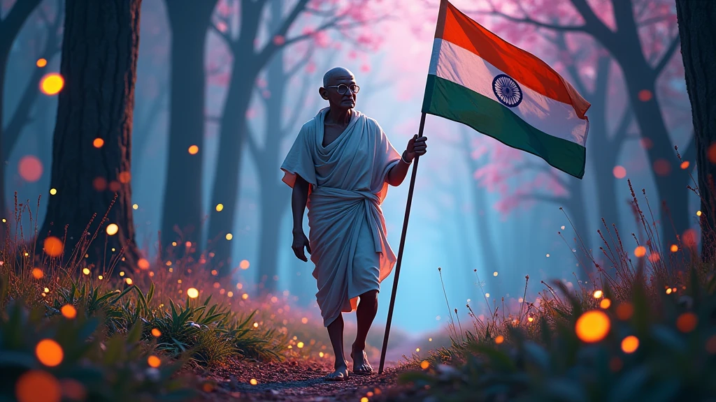 Our India's great leader Mahatma Gandhi ji is walking in a forest and has the flag of India in to one side of frame, lucid , looking off in distance ::8 style | daydreampunk with glowing dripping in neon lights, very colorful blue, green, purple, bioluminescent, glowing ::8 background | forest, vivid neon wonderland, particles, blue, green, purple ::7 parameters | rule of thirds, golden ratio, assymetric composition, hyper- maximalist, octane render, photorealism, cinematic realism, unreal engine, 8k ::7