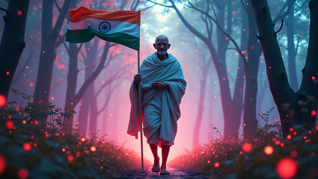 Our India's great leader Mahatma Gandhi ji is walking in a forest and has the flag of India in to one side of frame, lucid , looking off in distance ::8 style | daydreampunk with glowing dripping in neon lights, very colorful blue, green, purple, bioluminescent, glowing ::8 background | forest, vivid neon wonderland, particles, blue, green, purple ::7 parameters | rule of thirds, golden ratio, assymetric composition, hyper- maximalist, octane render, photorealism, cinematic realism, unreal engine, 8k ::7