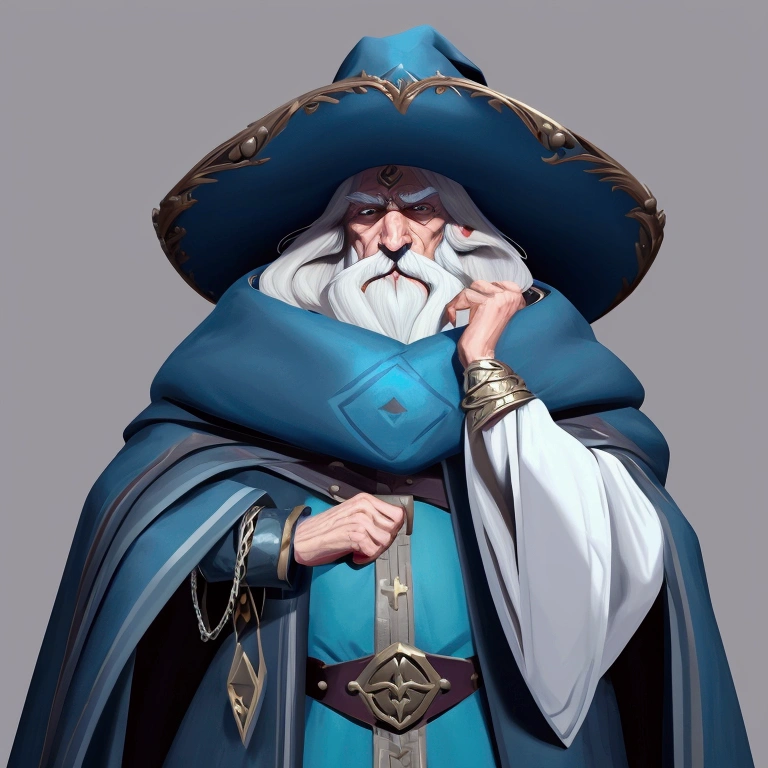 concept art, European and American comics, game character design, White-haired old man, Wizard, Upper body close-up angle, A full-body cloak of cloudy blue, Wearing a cloak hat, Priestly style attire, belt, Wearing a metal bracelet on your arm, Gandalf-like appearance, A white beard that extends down to the navel, A frowning expression, big nose, A stern expression, Face close-up screen, Detailed facial expressions, Please show only the top of your chest