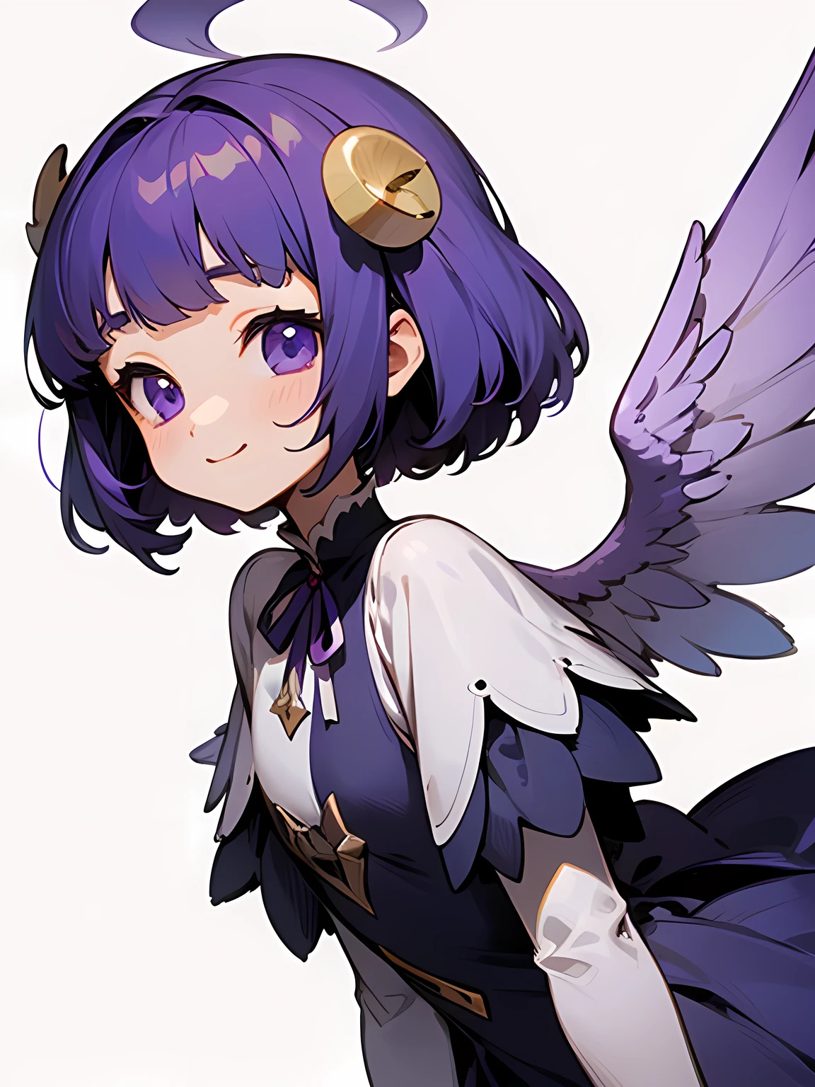 from forward,chibi,solo,upperbody,blue purple color hair,very short thin Mushroom hairstyle,blunt bangs,praying smile,purple angel wings,white fril dress, purple neck ribbon,white simple background,