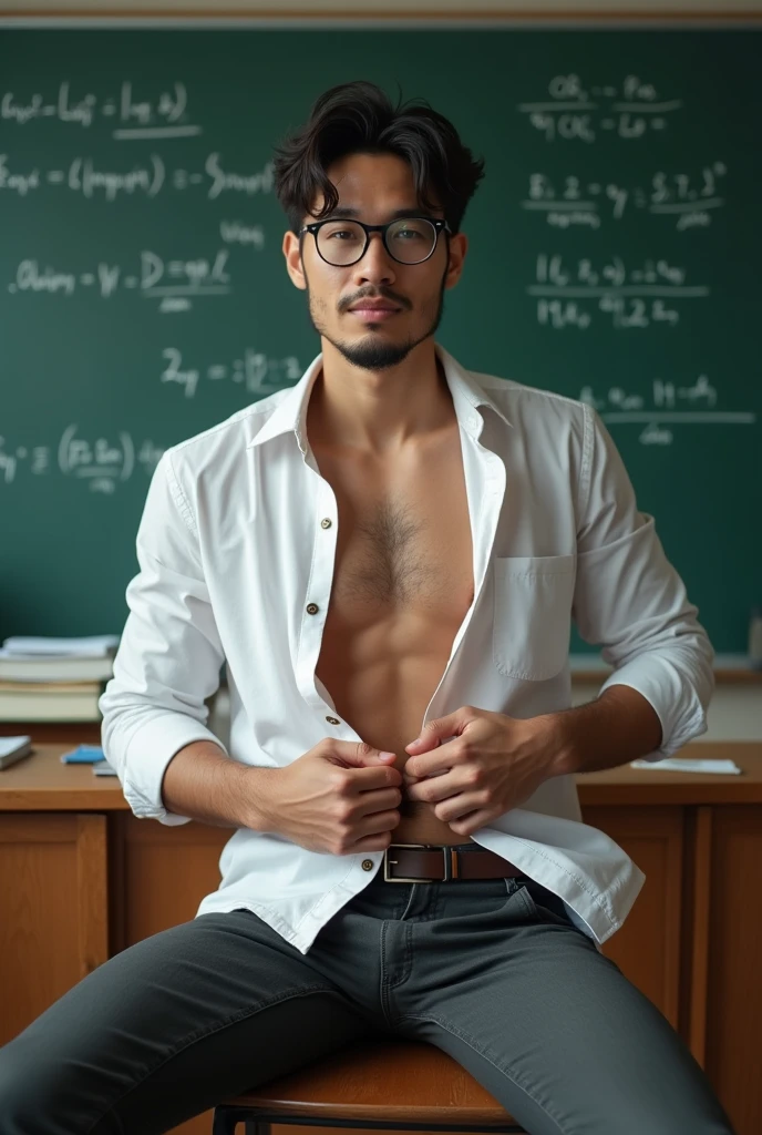 Asian man ,(hot,sexy,attractive:1.2),hunky male professor with hairy muscles,button-up shirt torn open,suit pants,full,thick,wear shirt, open chest shirt, showing off body, toned abs and full chest,big dick,pubic hairs, clean-shaven with neatly cut,sitting on classroom desk,confident gaze,classroom setting,blackboard with equations and formulas,Legs wide open, hand touching crotch,vibrant chalk colors,academic books and papers scattered on desk,messy hair,dedicated to teaching,lewd smile,lots of student attention,dreamy atmosphere,serious yet approachable vibe,HDR,ultra-detailed,physically-based rendering,sharp focus,vivid colors,wear glasses,six pack ,sexy poses,, push groin up