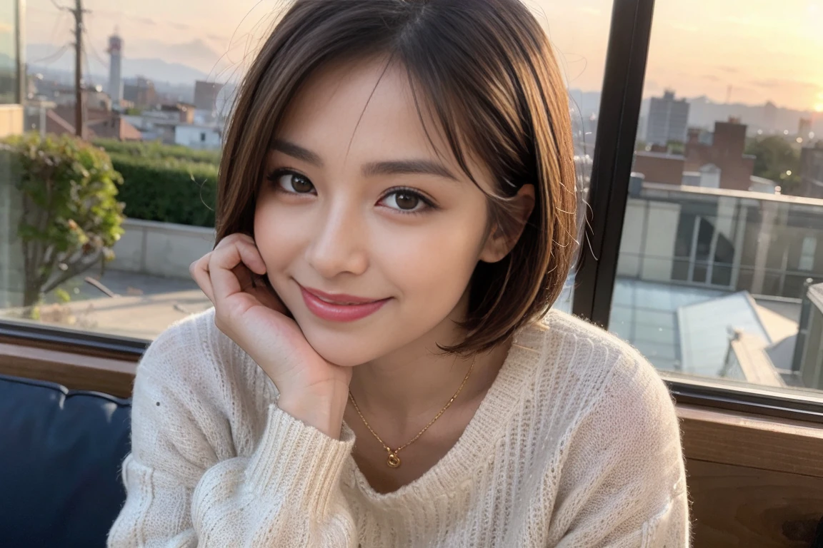 （Realistic:1.1）,(masterpiece,Highest quality)，8k,(49 years old), 53 years old, ベリーslimボディ、slimカップル、Tight waist,Upper Body,full-course dinner、wine 、Amazing view of the sunset sky and clouds、Perfect Anatomy, Brown Hair, short hair,Random Hairstyles,((Highly detailed face and eyes:1.2))，Perfect golden ratio face，Long sleeve shirt、dress,(smile:1.2)、Shortcuts、cute、(Realistic, Intricate details:1.2), A bright smile、short hair,Bright Face、赤wine 、Appetizers、Italian food、wine bottle、Champagne、スパークリングwine、(slimな顔), (The body is slim), (Brown Hair), (Shortcuts),  Upper Body, 白wine, slim, wineグラス, 