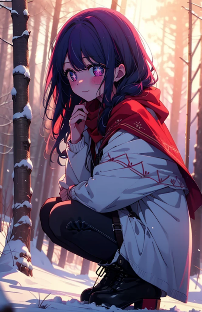 aihoshino, Ai Hoshino, Long Hair, bangs, (Purple eyes:1.1), Purple Hair, (Symbol-shaped pupil:1.5), smile,,smile,blush,white breath,
Open your mouth,snow,Ground bonfire, Outdoor, boots, snowing, From the side, wood, suitcase, Cape, Blurred, , forest, White handbag, nature,  Squat, Mouth closed, Cape, winter, Written boundary depth, Black shoes, red Cape break looking at viewer, Upper Body, whole body, break Outdoor, forest, nature, break (masterpiece:1.2), Highest quality, High resolution, unity 8k wallpaper, (shape:0.8), (Beautiful and beautiful eyes:1.6), Highly detailed face, Perfect lighting, Highly detailed CG, (Perfect hands, Perfect Anatomy),