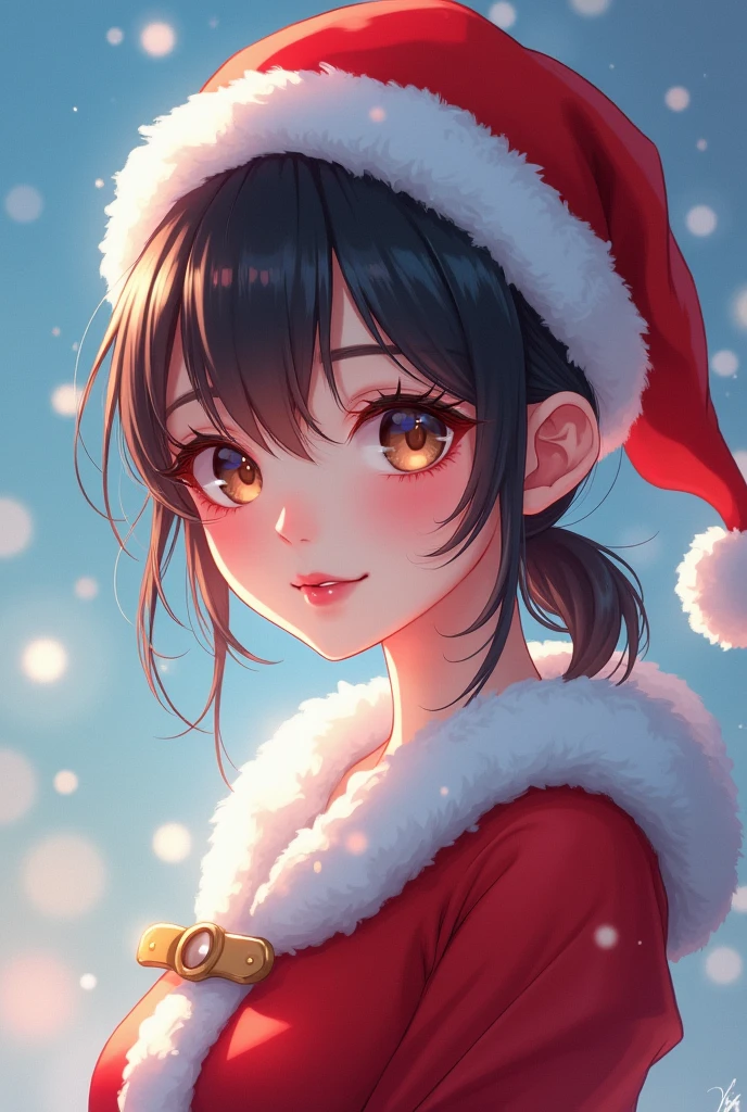 a 25 years old girl, detailed cutie face, Beautiful, evenly balanced, detailed eyes, detailed dropped eyes, beautiful charming smile, extremely detailed face,slender body,short hair,anime style, (Santa Claus costume：2.0)