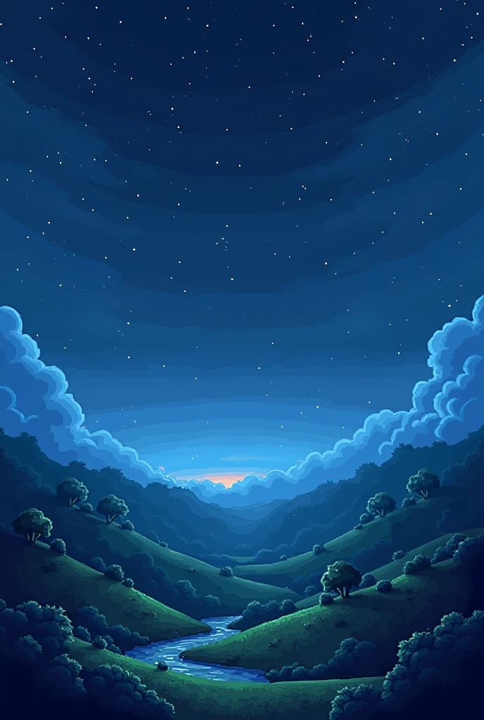 Draw a pixel art and mario bros style landscape but in vertical mode and without characters, just the landscape and at night