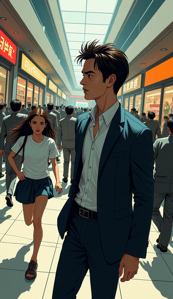 ((A man with short hair))，In the mall，Black Hair，Suits，((Cold expression))，Japanese comic style，Woman running with long brown hair，There are zombies chasing behind
