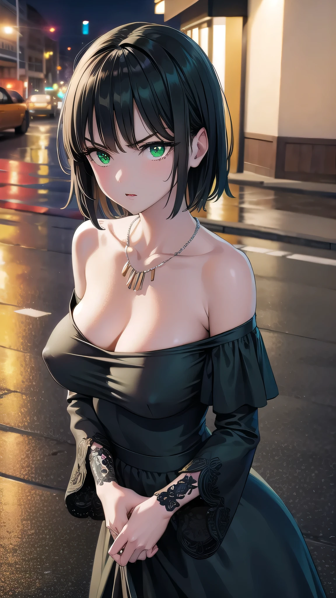 BREAK (masterpiece:1.2), best quality, high resolution, unity 8k wallpaper, (illustration:0.8), (beautiful detailed eyes:1.6), extremely detailed face, perfect lighting, extremely detailed CG, (perfect hands, perfect anatomy),city,street,wet road,reflections, buildings,night,fubuki, black hair, (green eyes:1.5), short hair,black dress, dress, fur coat, high collar, jewelry, necklace, off shoulder, taut clothes, taut dress, pantyhose,angry face, neckline,cleavege,upper body,bend over,nipples see through,from above.