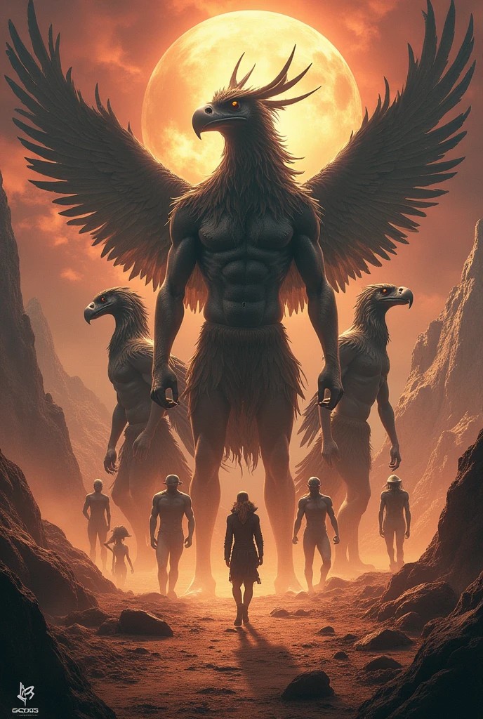 A breathtakingly detailed and hyper realistic sci-fi masterpiece, featuring the epic film "GODS OF THE SERENGETI: FEATHERED DAWN - ORIGINS." Set against a dramatic, jagged landscape with fiery skies and inhabited by majestic avian-human demigods, the top panel showcases the awe-inspiring story. In the second panel, sleek spaceships piloted by avian-humans traverse a star-filled universe, hinting at an expansive adventure. The third panel presents a diverse group of explorers led by wise leaders, embarking on an otherworldly journey. The fourth panel reveals two mysterious avian humans wielding advanced technology, foreshadowing a momentous encounter. The fifth panel immerses viewers in a diplomatic or discoveries assembly of extraterrestrial beings, illustration, photo, poster, cinematic