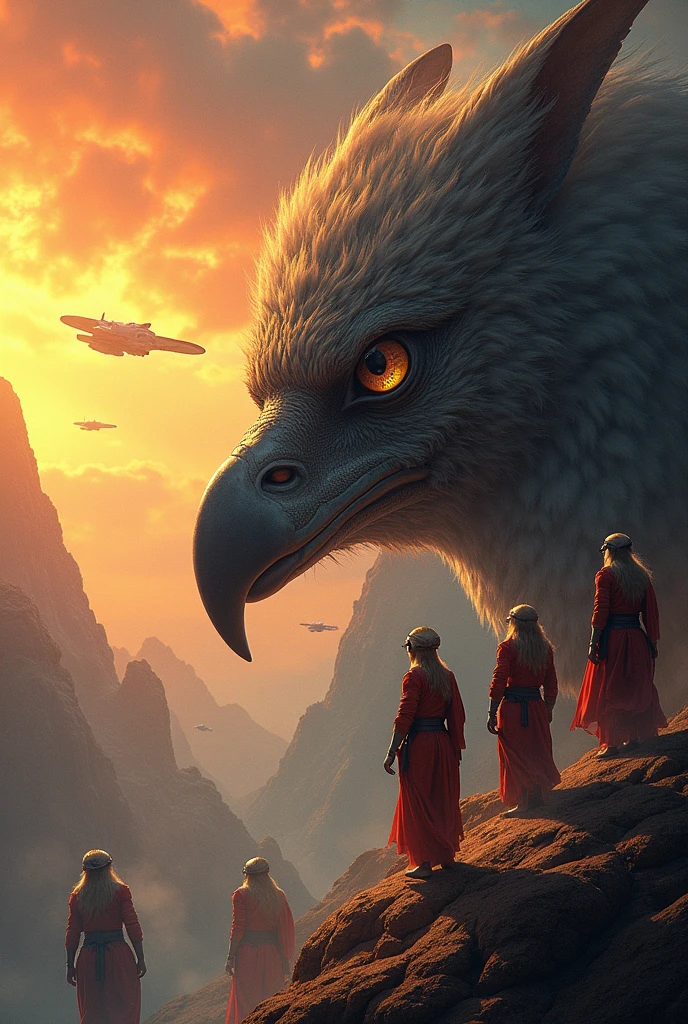 A breathtakingly detailed and hyper realistic sci-fi masterpiece, featuring the epic film "GODS OF THE SERENGETI: FEATHERED DAWN - ORIGINS." Set against a dramatic, jagged landscape with fiery skies and inhabited by majestic avian-human demigods, the top panel showcases the awe-inspiring story. In the second panel, sleek spaceships piloted by avian-humans traverse a star-filled universe, hinting at an expansive adventure. The third panel presents a diverse group of explorers led by wise leaders, embarking on an otherworldly journey. The fourth panel reveals two mysterious avian humans wielding advanced technology, foreshadowing a momentous encounter. The fifth panel immerses viewers in a diplomatic or discoveries assembly of extraterrestrial beings, illustration, photo, poster, cinematic