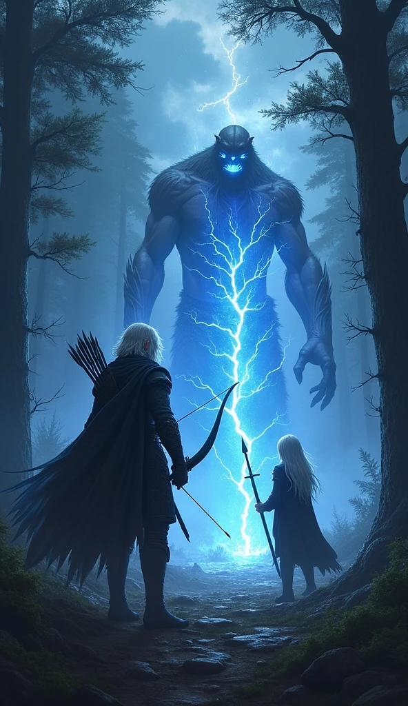 In the depths of a dark and foreboding forest, Raven and Mirage prepare to face the advancing horde of dark creatures. Raven, the dark elf, stands poised with his black bow, his silver hair flowing as he draws his "Stormbringer Arrow." The forest is alive with the crackling energy of an impending storm, and the sky above rumbles with thunder. As he releases the arrow, a bolt of lightning erupts from it, striking down a giant monster with electrifying force. Beside him, Mirage, the young magician, stands amidst swirling mist, his long silver hair glowing with a faint blue hue. With a wave of his ancient staff, he unleashes his "Blue Cataclysm," a massive whirlwind of blue flames that engulfs the enemies, turning the night into day with its blinding light. The scene is filled with the chaotic energy of the storm and the otherworldly magic, as the two heroes fight side by side, their powers merging to fend off the dark forces that threaten to consume the forest.