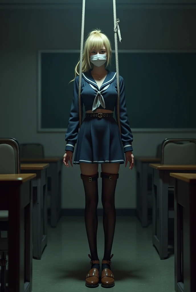 (Highly detailed CG Unity 8k), (Highest quality)，(Very detailed)，(Ultra-high resolution), 1 female, (white cloth gag:1.4), Rope Bondage, breasts Rope Bondage, hands back Rope Bondage, thigh Rope Bondage, bust Rope Bondage, feet Rope Bondage, Put your arms behind your hips, ankles Rope Bondage, (knee Rope Bondage:1.4), Panties, (Navy blue sailor suit:1.3), (Dark Blue Skirt:1.3), (Black Stockings:1.4), (Black garter belt), Watery eye, (Skirt length to floor:1.3), (Brown Loafers:1.4), (Lots of drooling:1.3), (Urinary incontinence:1.3), (Slender body:1.3), high school girl, classroom, Huge breasts、Dark Skin、ponytail、blonde、Small face、(Ankles tied、Hanging upside down from the ceiling:1.3)