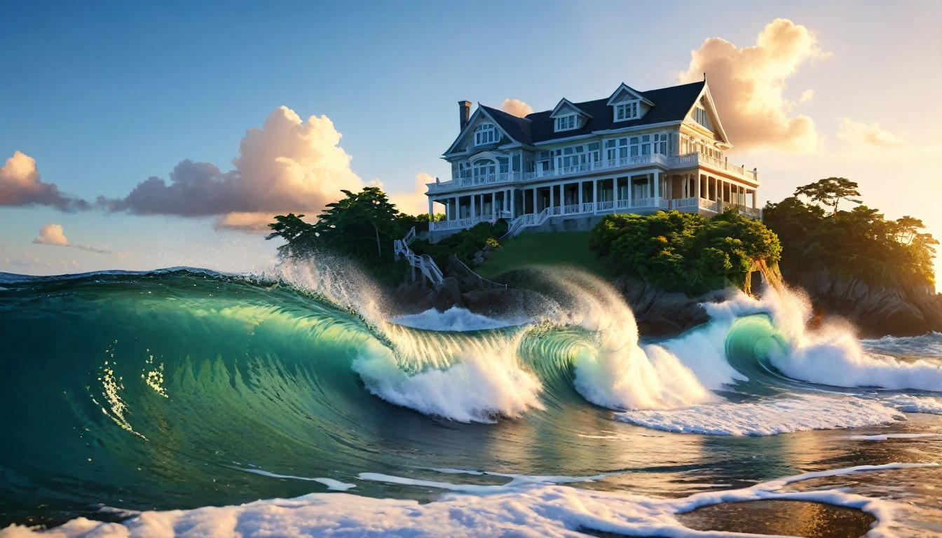 Sunset Beach、(ultra-Detailed Background, Detailed Background), Absurd, High resolution, Super detailed, Very detailed, pealing waves, offshore island, beautiful beach mansion