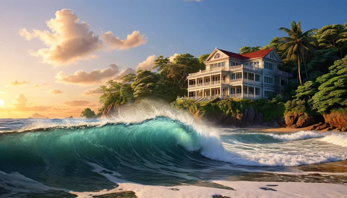 Sunset Beach、(ultra-Detailed Background, Detailed Background), Absurd, High resolution, Super detailed, Very detailed, pealing waves, offshore island, beautiful beach mansion