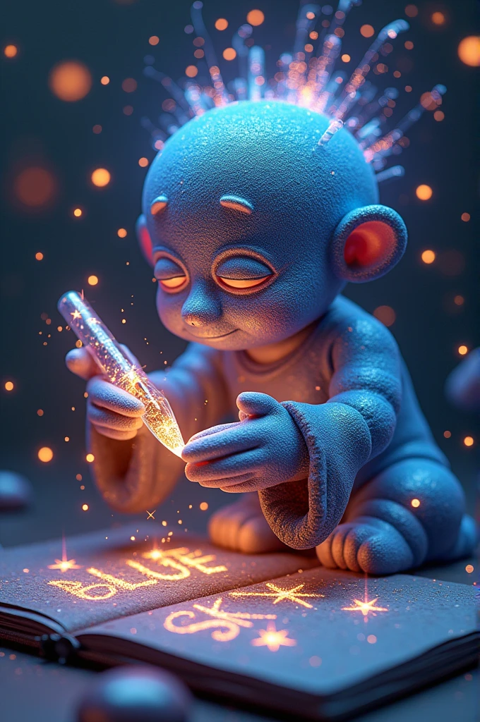 Fascinating, hyper-realistic 16K 3D figure captures a magical moment of pure creativity. Talented artists expertly depict heartfelt messages, "BLUE SKY. ", In your notebook. The text is composed of Vibrant, Sepia-toned stars with smooth transitions across the spectrum. Artist's Hands, Holding a transparent pen filled with sparkling stars, Exquisitely detailed, Symbolizes limitless creativity and imagination. Background、A three-dimensional sketchbook setting scattered throughout, このFascinating作品に深みと立体感を加える, gameffiti-inspired scene. The figure radiates energy, Movement, and Vibrant colors, A true work of art that celebrates creativity and imagination.., game, Cinematic, Vibrant, gameffiti, Painting, typogamephy, product, figure, photograph, 3D Rendering, fashion, Dark fantasy
