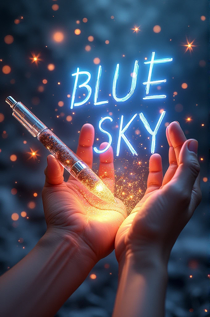 Fascinating, hyper-realistic 16K 3D figure captures a magical moment of pure creativity. Talented artists expertly depict heartfelt messages, "BLUE SKY. ", In your notebook. The text is composed of Vibrant, Sepia-toned stars with smooth transitions across the spectrum. Artist&#39;s Hands, Holding a transparent pen filled with sparkling stars, Exquisitely detailed, Symbolizes limitless creativity and imagination. Background、A three-dimensional sketchbook setting scattered throughout, このFascinating作品に深みと立体感を加える, gameffiti-inspired scene. The figure radiates energy, Movement, and Vibrant colors, A true work of art that celebrates creativity and imagination.., game, Cinematic, Vibrant, gameffiti, Painting, typogamephy, product, figure, photograph, 3D Rendering, fashion, Dark fantasy