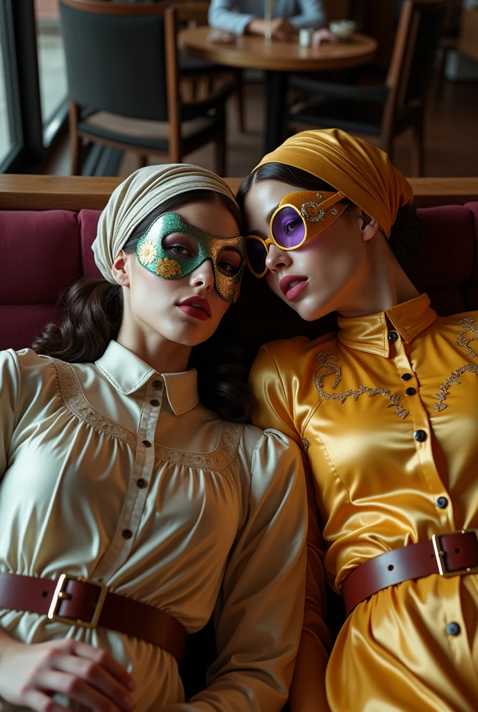 selfie shot of two lying non-binary androgynous transvestite crossdressing queer transgender male shemales who are making love while lying with each other lecherous on a cafe lounge, clothing with nubs and buffers, satin blouse, apron, vested smock, pleated cuffs, perforated eyemask, holed hijab slick, transparent slick gloves, flowery holed latex rococo green teal mask, high-gloss perforated satin leggings, latex diaper, long leather shorts, liquid-lacquered pantyhose leggings, shiny bandana, belted mouth black glossy mask, shiny skirt leggings covered, high gloss legging trouser skirt pockets, knob-front, button placket, jezebel high-collar wearing multi-layered high gloss clothing perforated, fluffy eyebrows insanely thick, ballerina glamour, ((beautiful perverted, sensual blouse)), holed latex trouser, brown wide belt, printed rose hips, bow style glossy flowered headscarf fully covered, silky romper, flowery jilbab satin floral hijab veils blouse tunic, very long sleeved latex clothing, floral mouth purple brown mask, shiny flowery satin cumshot latex orange red mask with knobs, wearing teal yellow mustard colored holed perforated layered shiny vest-blouse from top to bottom with knee length shiny boots and a floral latex leggings over the pleated blouse with shiny long tunic-blouse and pockets, tripple belt brown purple, floral satin high collared long sleeve blouse with buttons and knobs, high-necked liquid-lacquered high collared long leg romper, glossy-satin coat, ((floral sunglasses)), very high collared blouse made of satin and PU faux glossy-satin with shiny floral face golden black mask and pockets, so much floral satin high collared blouson with button placket, long open button-front blouse hanging, satin high collar, satin gloves, plissee pleated glossy longskirt with knobs, slick long trousers, buttoned slick skirt, pockets, knobs, a lot of bows, flowery satin hijab knobbed, floral latex and glossy-satin khimar long buttoned, (sunglasses), spermed