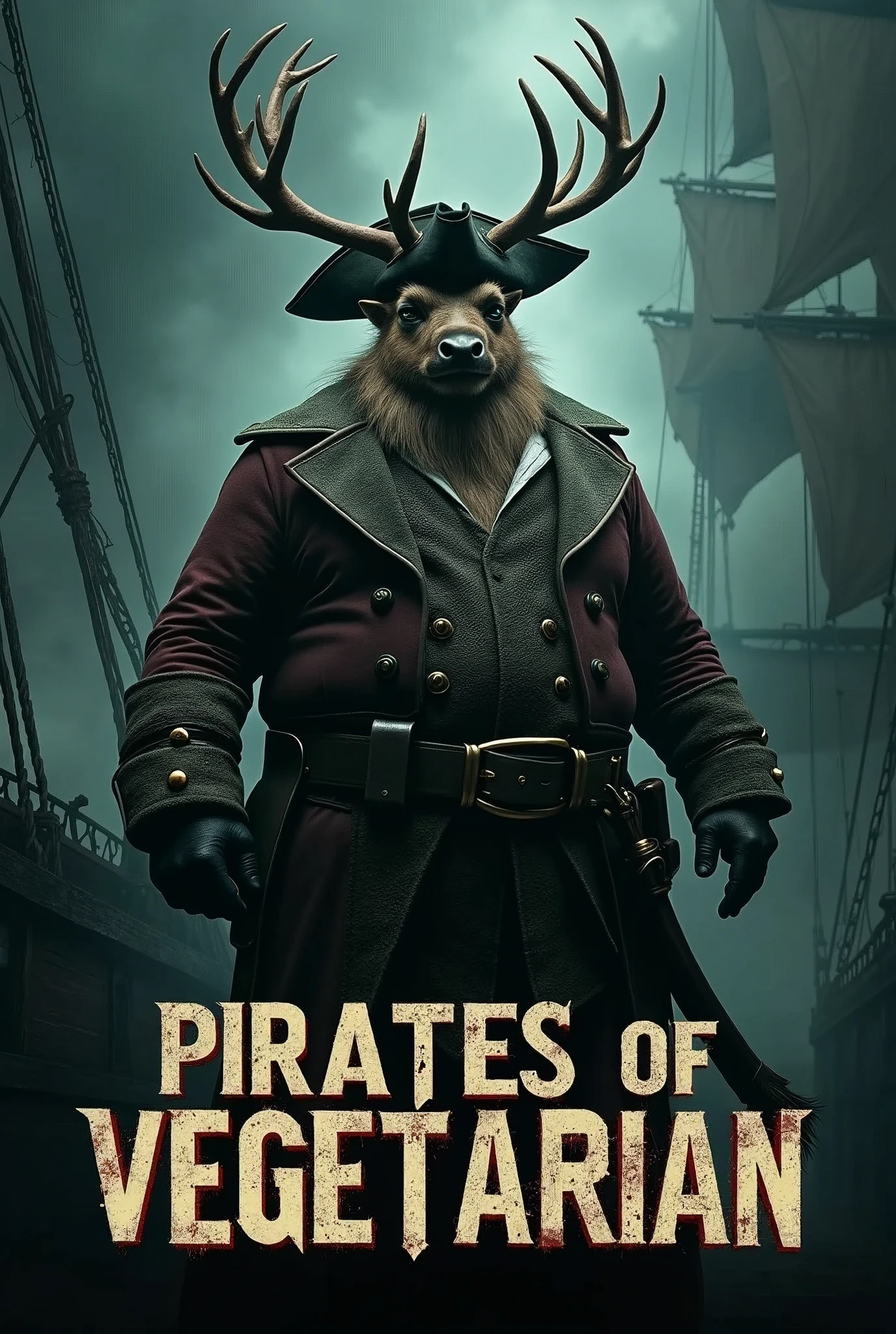 Create a cinematic poster featuring photorealistic portrait of Dressed animals - a ((fat)) reindeer pirate, , wearing pirate costume and pirate hat , with a serious, intense expression, He should be slightly off-center in the composition, The background should be dark and gritty, pirate's ship with smoky or grunge textures, Use a color scheme of black, deep blues, and dark greens, with subtle silver or gold accents to capture the show's mood, At the bottom of the poster, place the text "PIRATES OF VEGETARIAN" in large, bold, distressed letters, in a sans-serif font. The text should have a cinematic style, with slight shadow or glow effects to make it stand out against the background.