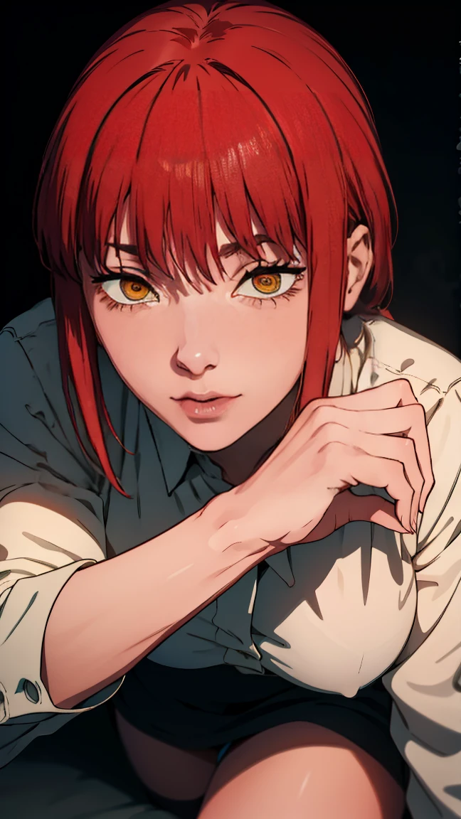 The character Makima from the anime series Chainsaw Man, fragile, full length (Full body 1.1.), dark background, darkness, Correct anatomy 1.1, holds his hands behind his back, correct hand anatomyVery sexy, erotica, very feminine, beautiful figure, legs, buttocks, beautiful body, red hair, orange eyes, Red circles for schoolchildren, summer dress, sexy pose, realistic, very detailed, beautiful body, detailed body, detailed hands, detailed, Vibrating, detailed Face, Makima character design. very detailed, detailed body, detailed hands, detailed Face, anime art, Hugh Details, Very downcast face, detailed eyes, Super thin illustration, best shadow, Fine detail, beautiful detailed glow, beautiful detailed, Extraordinarily beautiful, extremely detailed, inexpressive, epic composition, Anime style. anime art anime art, Anime style,