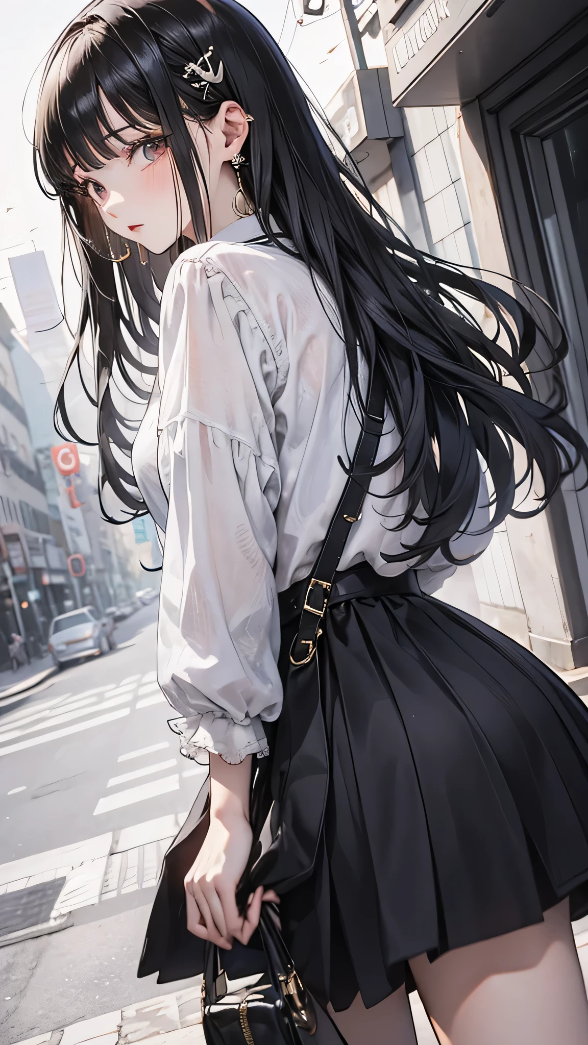 at school, girl, front, Long black hair, Black short skirt, bag, anger, Abusive, Very detailed, 4K