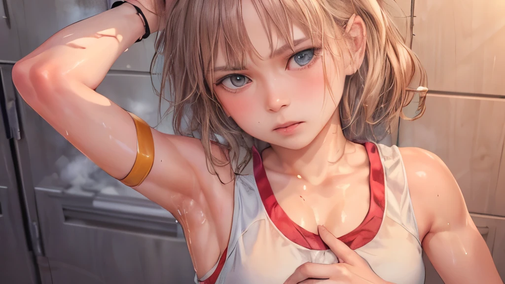 (sweaty skin)、 (Highest quality, 8k, 32K, masterpiece, Ultra-high resolution:1.2)、blush、(Sweat:1.10)、((blush)),(((Shining Light))),accurate to the human body、Correct five-finger、Highly detailed face and skin texture, Natural neck length, (Beautiful Hands), Beautiful feet, (glossy lip gloss:1.3、Long eyelashes、Gloss Face) 、(((A seductive look of sweet seduction))),jewelry, View your audience, bracelet, (Oily skin、Glowing Skin、Realistic skin texture、Beautiful skin in every detail、Glowing Skin),latex、((((Annoyed))))、(((track and field uniform)))、((((upper body)))),(looking at viewer)、(arms behind),((((arm pit)))),(((arms up))),((((oily body)))),((((sweat))))、shiny(((bad mood))),(steam),armspit focus,locker room