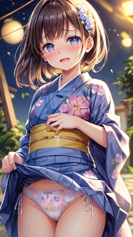 (masterpiece, Highest quality:1.4), Beautiful Face, 8k, 85mm, Absurd, (Floral Yukata:1.4), Face close-up, violet, Gardenia, Delicate girl, alone, night, View your viewers, Upper Body, Film Grain, chromatic aberration, Sharp focus, Face Light, Professional Lighting, Sophisticated, (smile:0.4), (Simple Background, Bokeh Background:1.2), detailed aspects,(((Show me one nipple:0.57))),((Very young and small:1.2),(Flowers in hair:1),(Flowing Tears),Roll up your shirt、Lift up your skirt、String panties